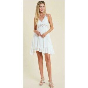 La Miel White Boho Summer Crochet Lace Chiffon Sundress Slip Dress Size Large